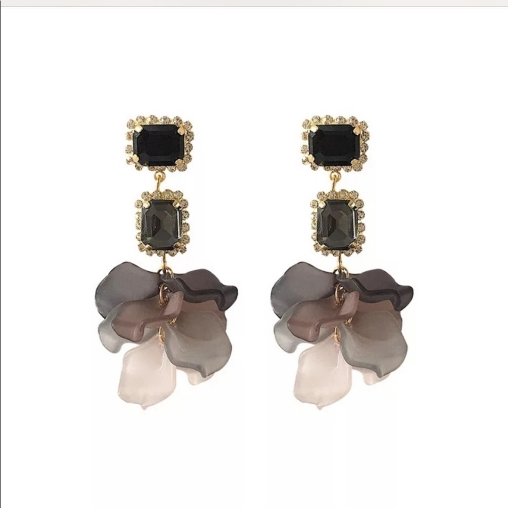 Beautiful 2” Rhinestone and Acrylic Petal Earrings